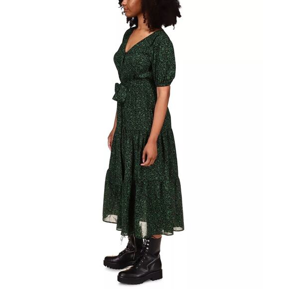 Michael Kors Women Dark Green Floral Belted Boho Midi Dress Petite Size P/XS - Picture 3 of 4